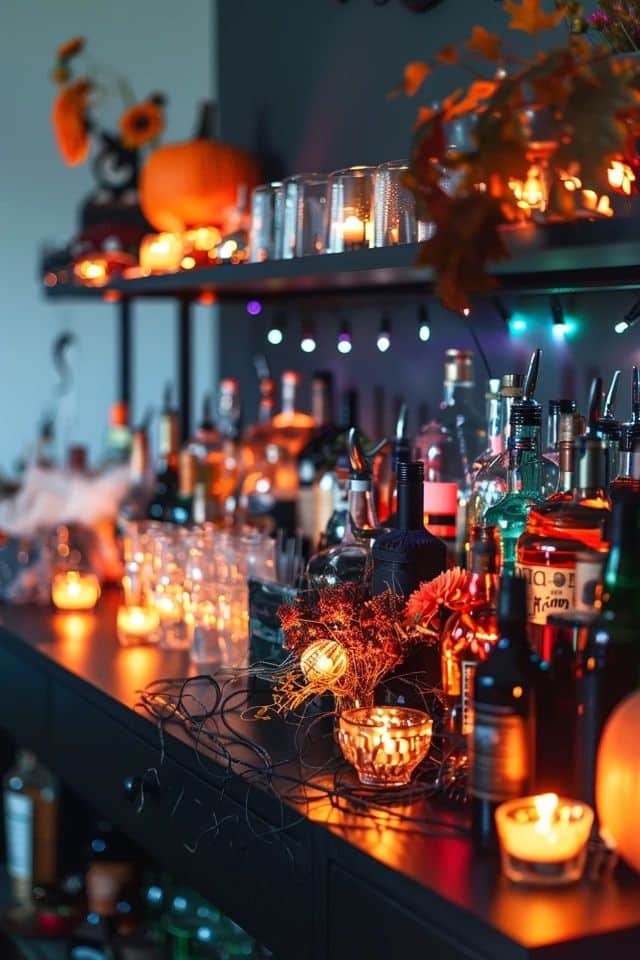 Festive Halloween bar setup with glowing candles, pumpkins, and assorted liquor bottles for a cozy autumn atmosphere.