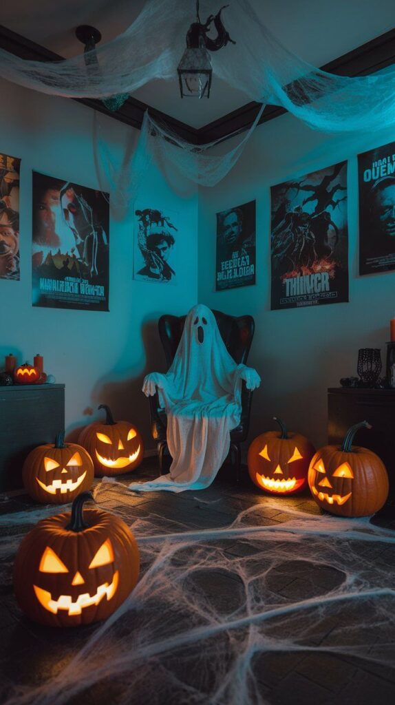 Spooky Halloween scene with ghost costume on chair, jack-o'-lanterns, cobwebs, and horror movie posters.