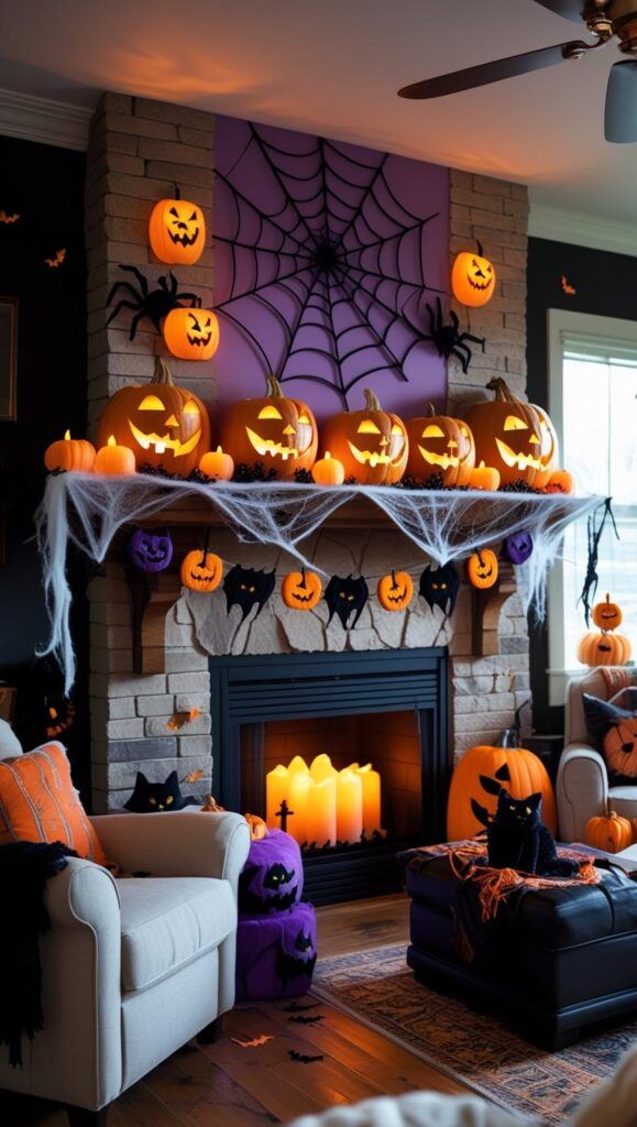 Halloween-themed living room with jack-o'-lanterns, candles, cobwebs, and spooky decor on a fireplace mantel.