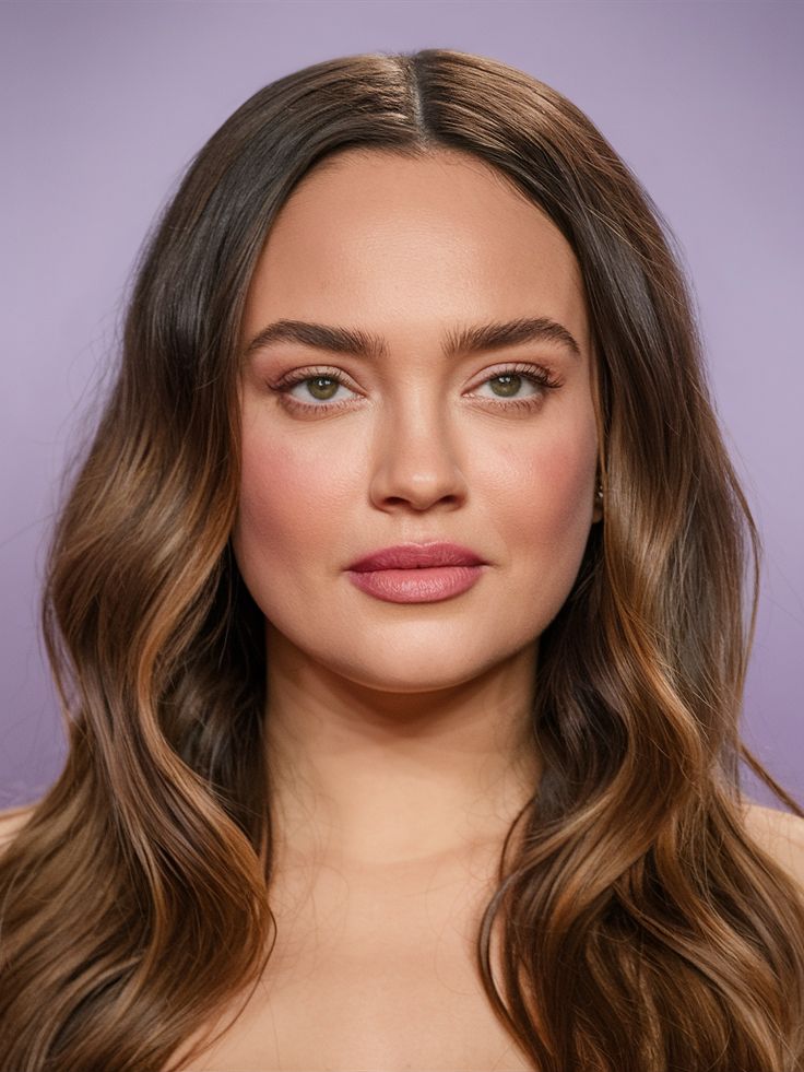 Spring Haircuts For Square Face Ideas 2025_ Long Soft Waves with a Center Part Portrait of a woman with long, wavy brown hair against a purple background, showcasing natural makeup. | Sky Rye Design Portrait of a woman with long, wavy brown hair against a purple background, showcasing natural makeup.