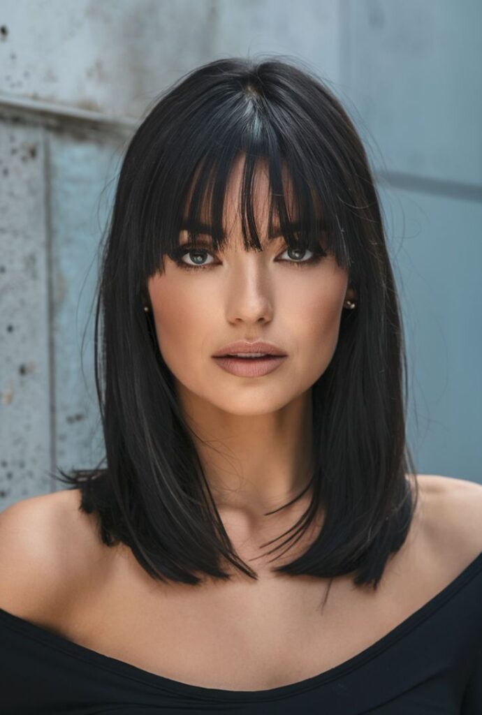 Portrait of a woman with straight black hair and bangs, wearing an off-the-shoulder black top.
