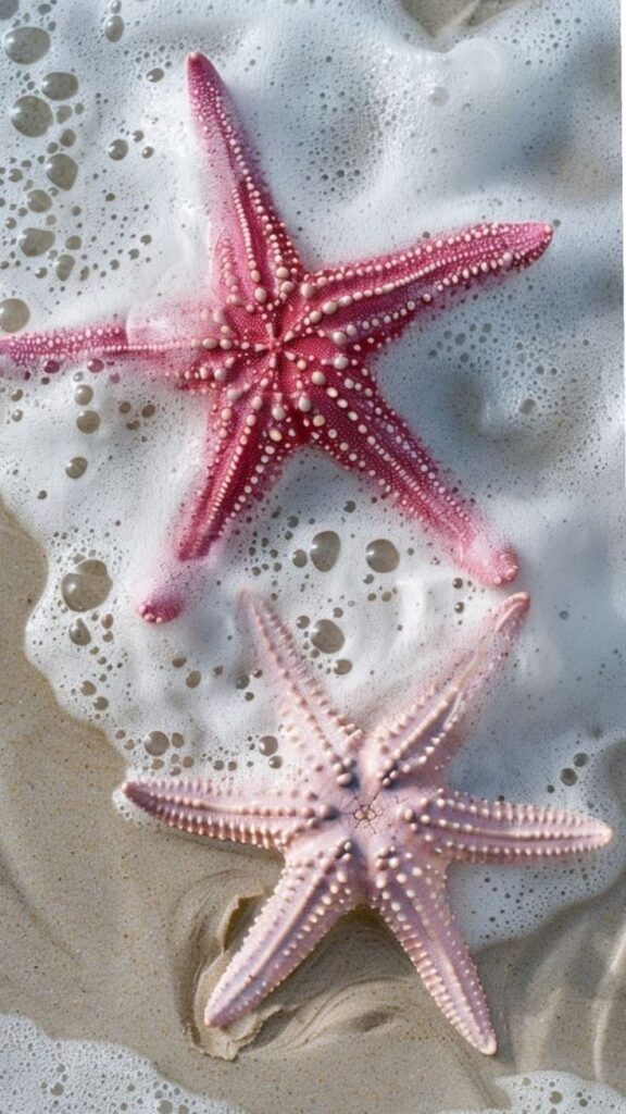 Pink starfish on sandy beach with foamy waves, showcasing marine beauty and coastal tranquility.