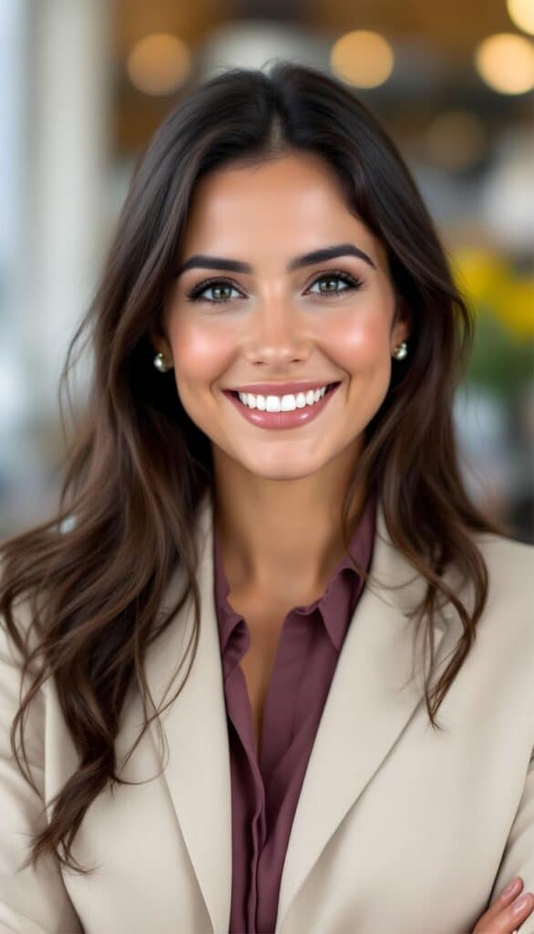 Stay Fresh Longer One spray lasting results_ Professional woman smiling in a beige blazer, brown hair, confident expression. | Sky Rye Design Professional woman smiling in a beige blazer, brown hair, confident expression.