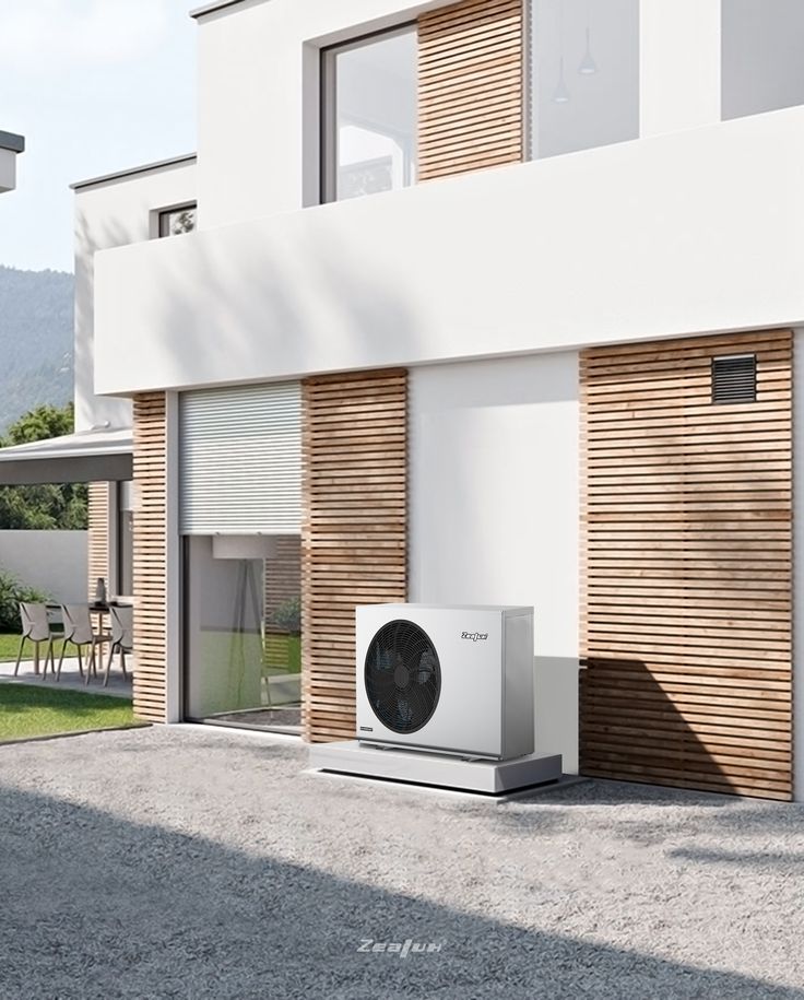 Modern house exterior with energy-efficient air conditioning unit installed, wooden accents, and outdoor furniture.