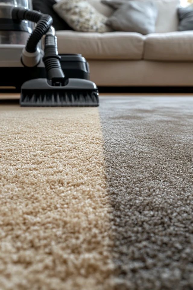 Vacuum cleaner removing dirt from carpet near sofa, showing a clear line of cleanliness.