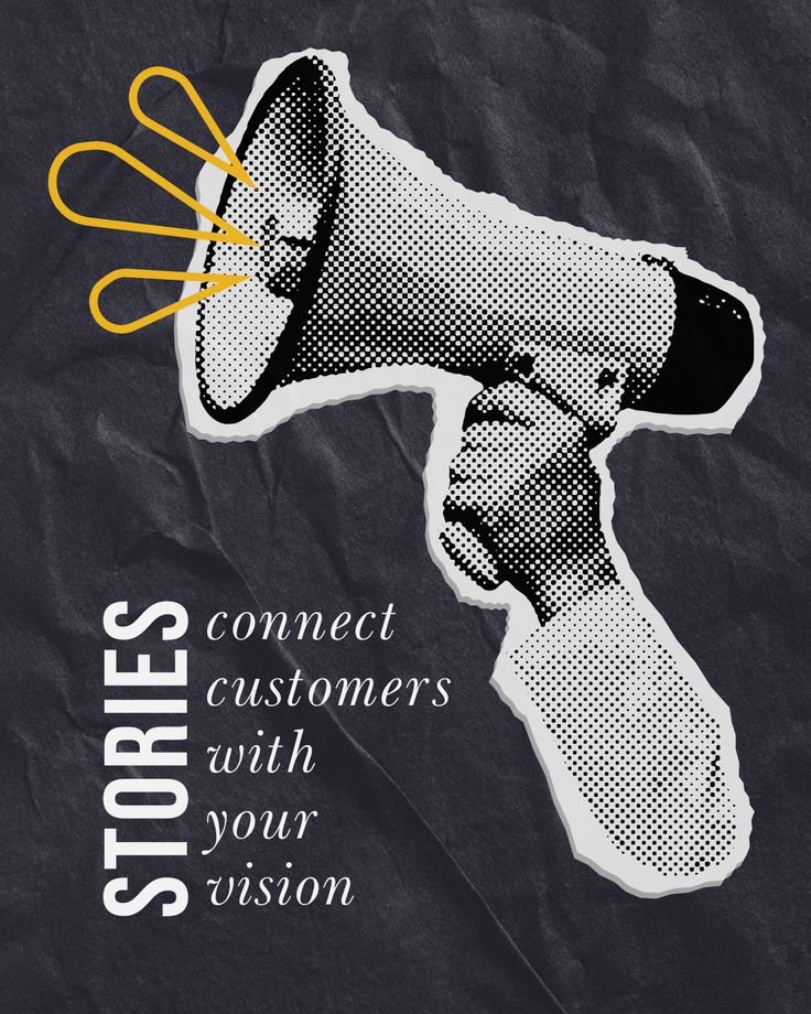 Vintage megaphone illustration with Stories connect customers with your vision message on textured background.