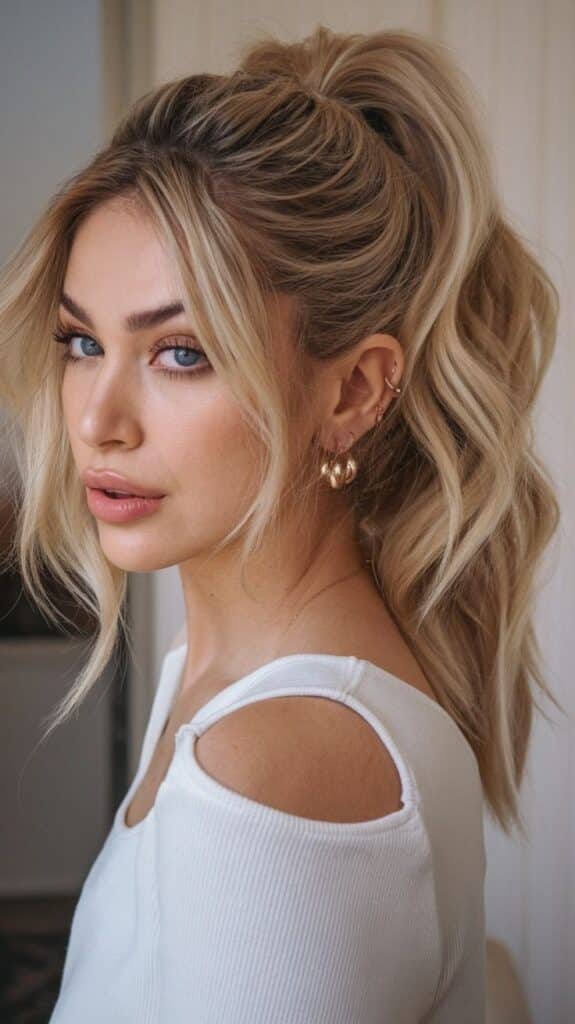 Fashionable woman with wavy blonde hair in a half-up style, wearing a white top and gold earrings.