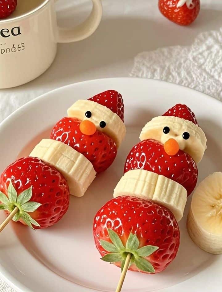 Fruit skewers shaped like snowmen with strawberries and bananas on a white plate. Festive holiday treat.