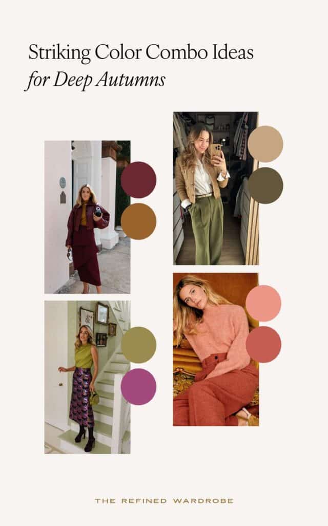 Fashionable color combinations for deep autumn wardrobe with outfit inspiration and style tips.