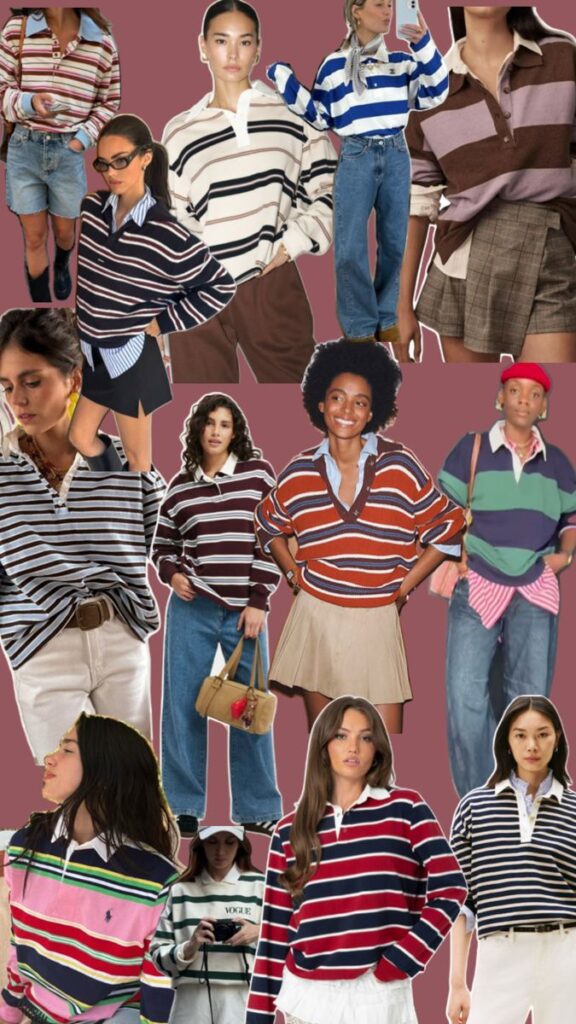 Collage of diverse models wearing stylish striped rugby shirts in various colors and styles.