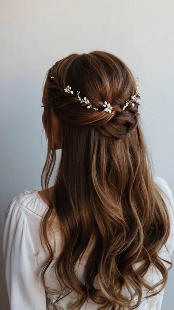 Elegant half-up braided hairstyle with floral accessories, perfect for weddings or romantic events.