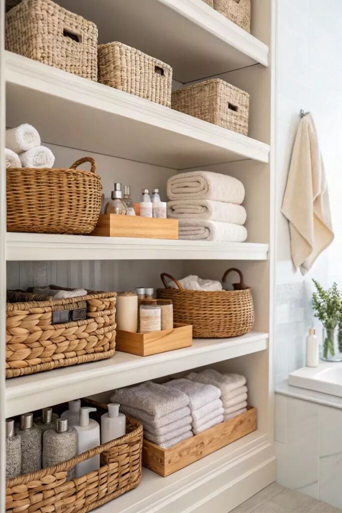 Stylish Bathroom Storage Organization Ideas Organized bathroom shelves with wicker baskets, towels, and toiletries for a tidy and stylish storage solution. | Sky Rye Design Organized bathroom shelves with wicker baskets, towels, and toiletries for a tidy and stylish storage solution.