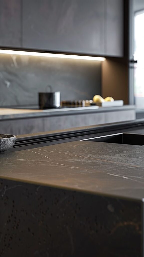 Sleek modern kitchen with dark cabinetry, granite countertops, and ambient lighting. Perfect for luxury interiors.