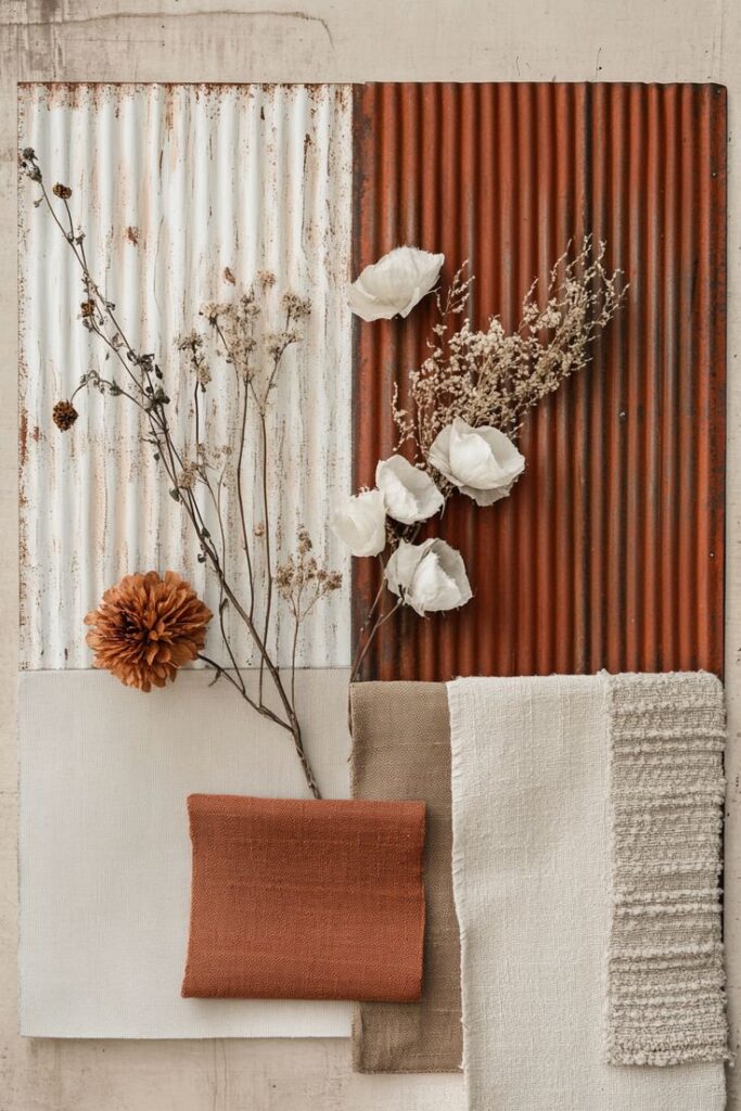 Stylish Textile Arrangement _ Стильная текстильная композиция Vintage textile and floral moodboard with dried flowers on rustic, corrugated metal and fabric swatches. | Sky Rye Design Vintage textile and floral moodboard with dried flowers on rustic, corrugated metal and fabric swatches.