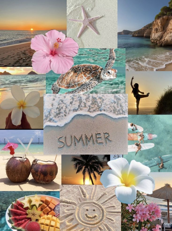 Screenshot Collage of summer vibes: beach sunsets, flowers, a turtle, surfing, tropical fruits, and summer written in sand. | Sky Rye Design Collage of summer vibes: beach sunsets, flowers, a turtle, surfing, tropical fruits, and summer written in sand.