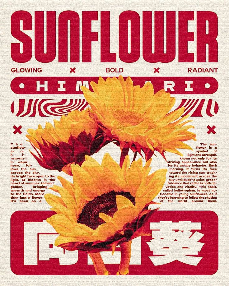 Vibrant sunflower illustration with bold text emphasizing Glowing, Bold, Radiant qualities and descriptive background text.