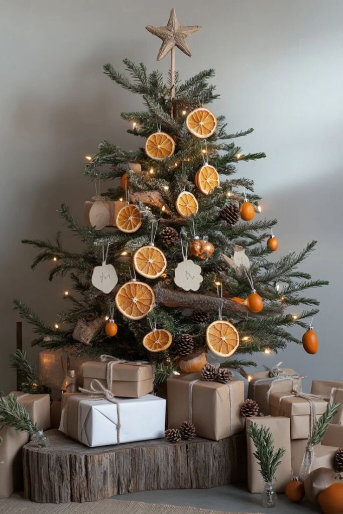Rustic Christmas tree decorated with dried oranges, pinecones, and gifts wrapped in brown paper, atop wooden slab.