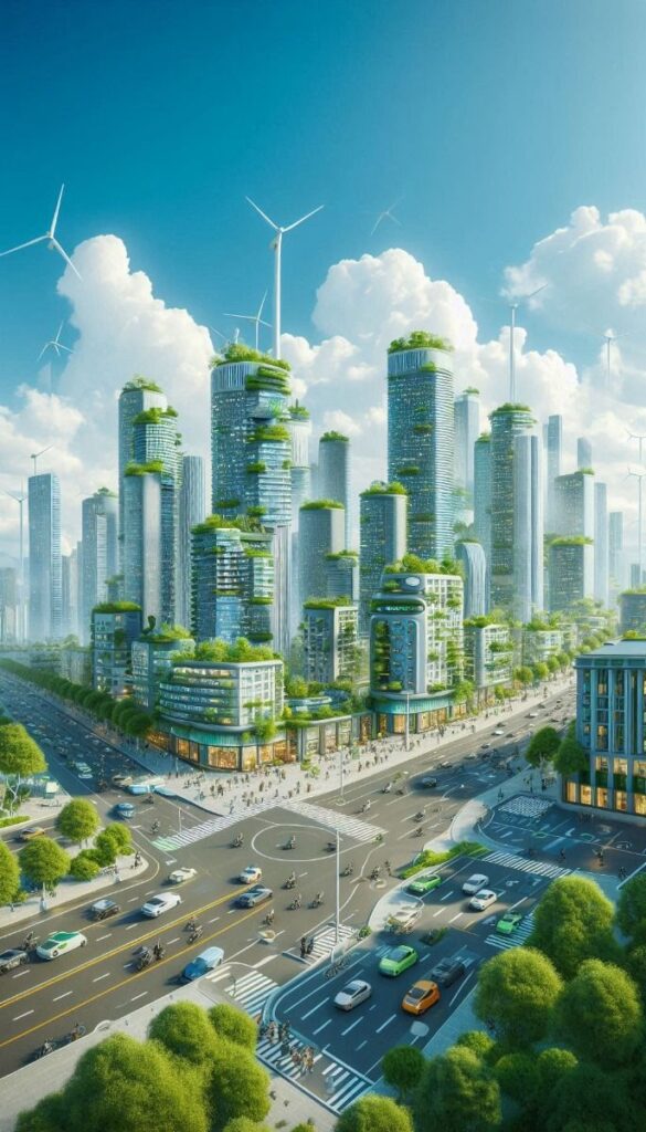 Sustainable Green Technology_ The Future of Eco-Friendly Innovation 🌱 Futuristic eco-city with green skyscrapers and wind turbines under a blue sky, promoting sustainability and innovation. | Sky Rye Design Futuristic eco-city with green skyscrapers and wind turbines under a blue sky, promoting sustainability and innovation. Green industrial