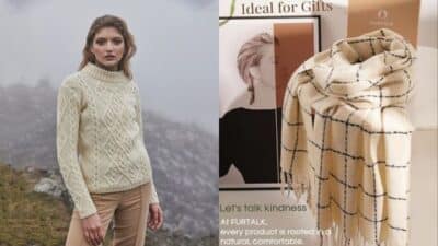 Woman in cable-knit sweater outdoors; stylish scarf on gift display indoors. Cozy fashion and gift ideas.