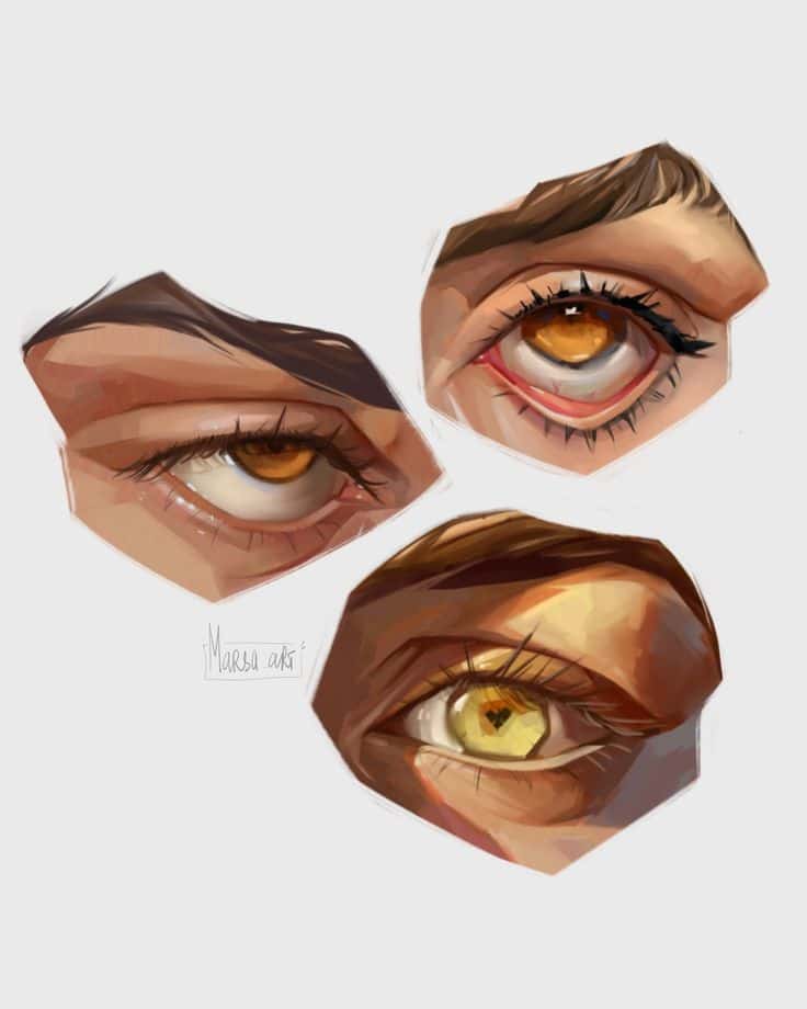 Swipe for steps and timelapse 👉 Here are a few копия Digital artwork depicting three expressive, detailed eyes in varying shades of brown and amber hues. | Sky Rye Design Digital artwork depicting three expressive, detailed eyes in varying shades of brown and amber hues.