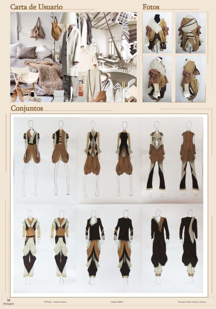 Fashion design collage with clothing sketches and fabric inspiration in earthy tones.