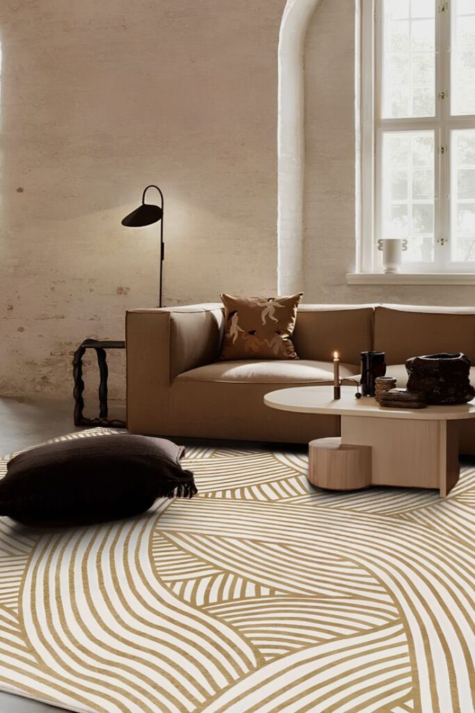 Modern living room with beige sofa, patterned rug, and stylish decor in natural light. Cozy and minimalist interior.