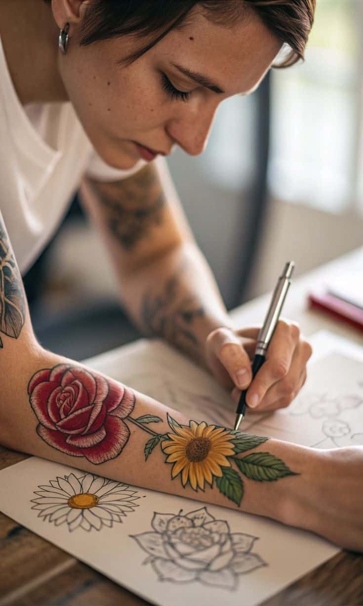 Tattoo artist sketching floral designs, featuring colorful rose and sunflower tattoos on arm.