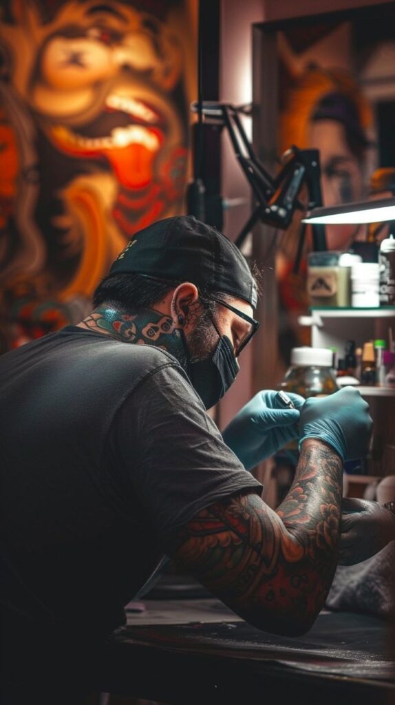 Tattoo artist in studio working on design, surrounded by vibrant artwork, wearing gloves and mask for safety.