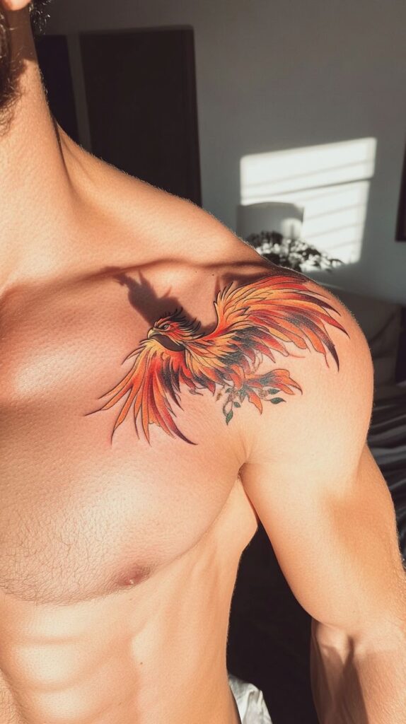 Vibrant phoenix tattoo on a man's chest, showcasing colorful feathers and dynamic design in bright sunlight.