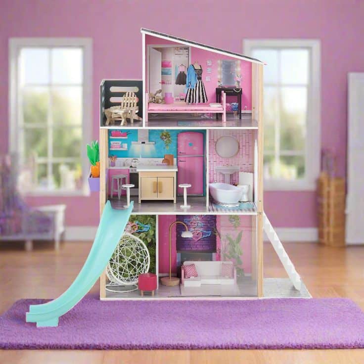 Colorful three-story dollhouse with furniture, a slide, and pink walls, perfect for imaginative play.