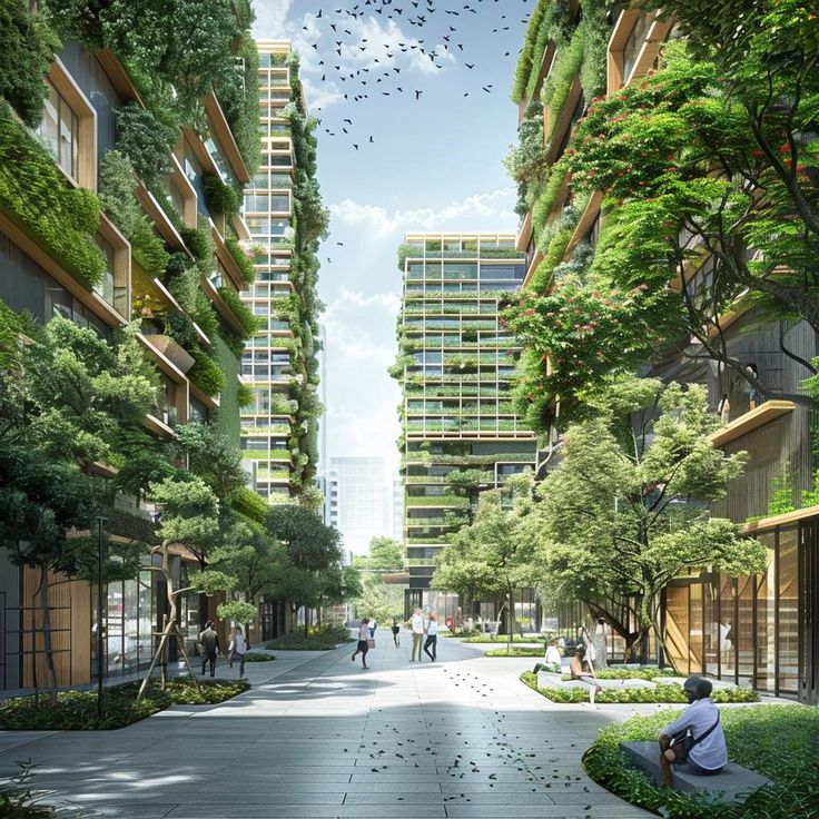 Modern urban green architecture with lush vertical gardens and people enjoying the outdoor space.