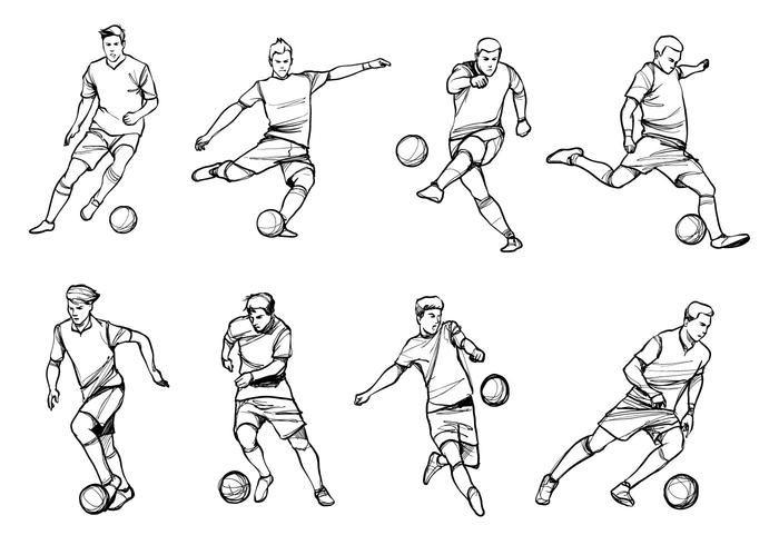 Illustration of eight soccer players in various poses, each controlling a ball, showcasing dynamic football movements.
