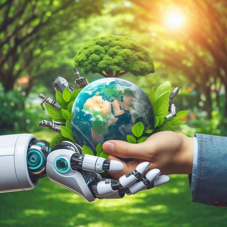 Robot and human hands holding Earth with greenery, symbolizing technology and nature harmony.