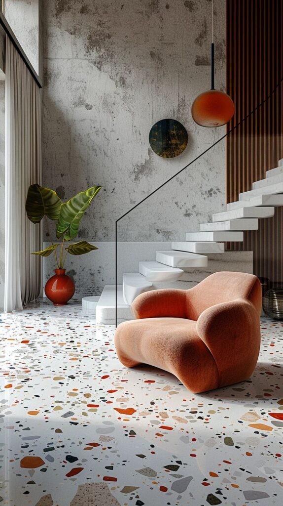 Modern interior with orange armchair, terrazzo floor, white staircase, and potted plant for stylish living space.