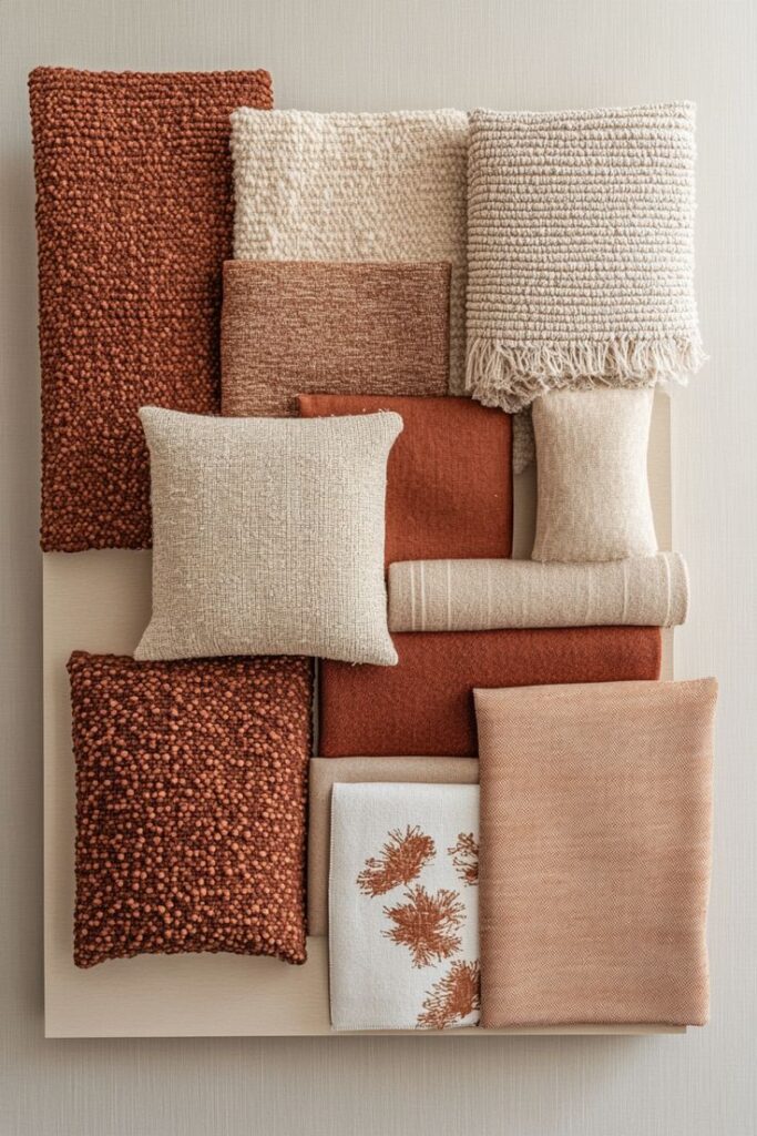 Assorted textured fabrics in warm earth tones, including cushions and throws, arranged on a beige background.