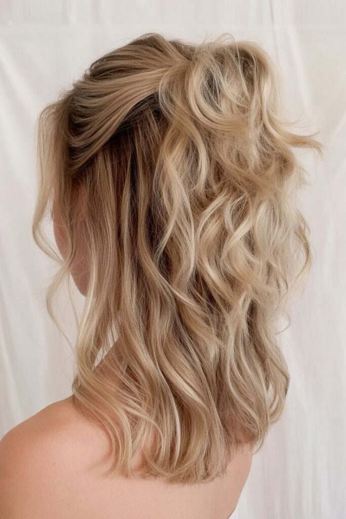 Blonde woman with wavy half-up hairstyle, showcasing voluminous curls against a neutral background.