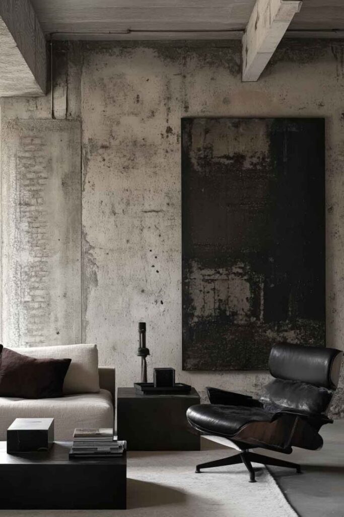 Modern industrial living room with concrete walls, a white sofa, and a black leather chair for stylish decor.