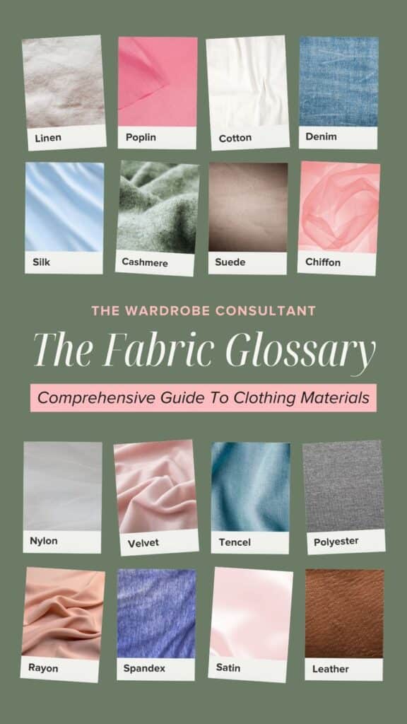 Comprehensive fabric guide image showing linen, poplin, cotton, denim, silk, cashmere, suede, chiffon, nylon, and more.