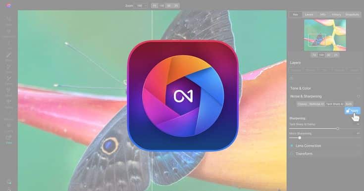 Photo editing software interface with colorful app logo in front of butterfly image settings displayed on the right.