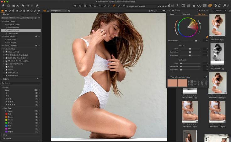 Woman in a white swimsuit posing gracefully in a photo editing software interface.
