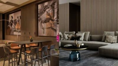 Modern interior with a stylish dining area and cozy living space, featuring wooden decor and contemporary furniture.