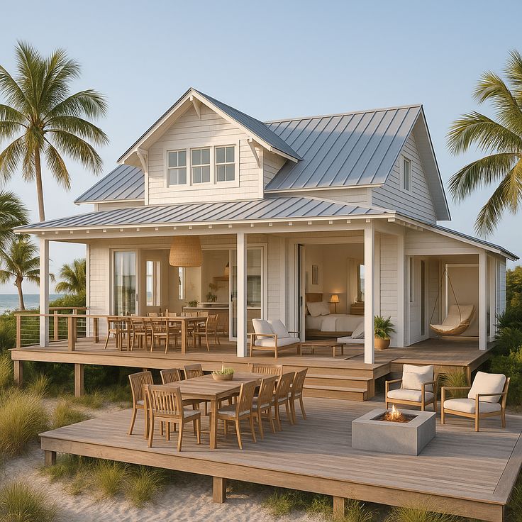 The perfect beach home 🤍 Beachfront cottage with a wraparound deck, outdoor dining area, and palm trees under a clear blue sky. | Sky Rye Design Beachfront cottage with a wraparound deck, outdoor dining area, and palm trees under a clear blue sky.