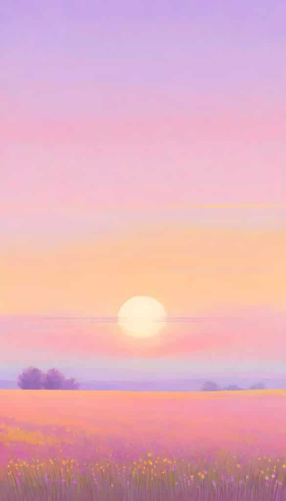 Pastel sunset over a field of wildflowers, blending pink, purple, and orange hues in the sky.