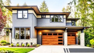 Modern two-story house with wooden accents, large windows, and a landscaped front yard at sunset.