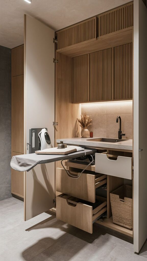 Modern utility room with integrated ironing board, wooden cabinets, and a compact sink.
