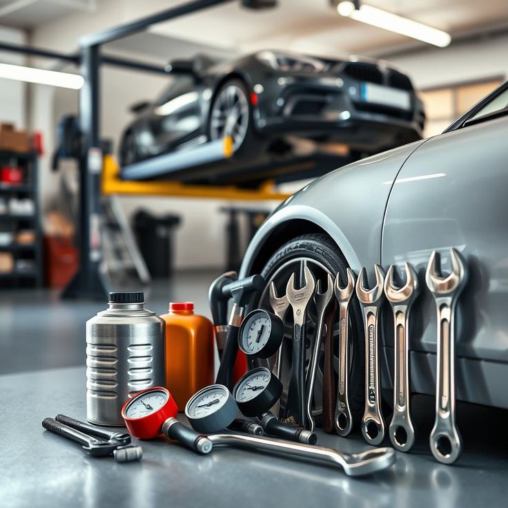Car maintenance tools in an auto shop, wrenches and gauges in focus with a car on a lift in the background.