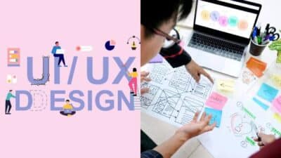 UI/UX design process with teamwork, wireframes, and tools on a desk, highlighting collaborative digital design efforts.