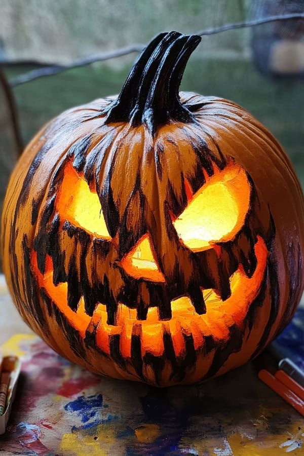 Scary Halloween jack-o'-lantern with glowing eyes and mouth, perfect pumpkin carving for spooky decorations.