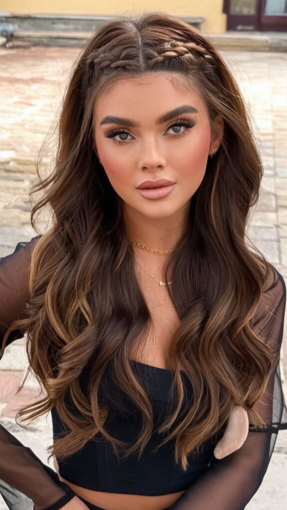 Top 20 Hairstyles for Long Hair 2025 Elegant Easy and Cute Styles for Every Occasion Woman with intricate braided hairstyle and wavy brown hair wearing a black top outdoors. | Sky Rye Design Woman with intricate braided hairstyle and wavy brown hair wearing a black top outdoors.