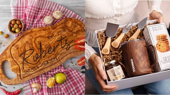 Top Premium Corporate Gift Ideas for Lasting Business Relationships Personalized wooden cutting board and gourmet gift box with utensils, perfect for gifting. | Sky Rye Design Personalized wooden cutting board and gourmet gift box with utensils, perfect for gifting.